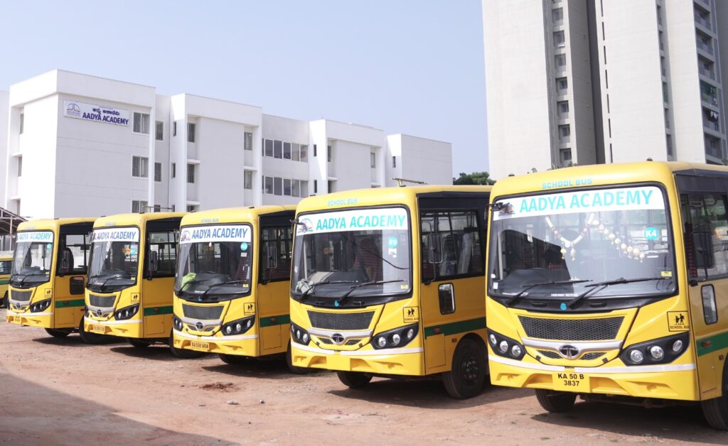 Modern school van with safety features at Aadya Academy Budigere Bangalore.
